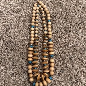 Wooden Bead Necklace with Blue Accents